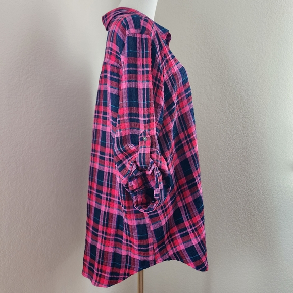 Intro 3/4 rolled sleeve plaid button-up collared over-shirt, sz XL - Picture 3 of 12